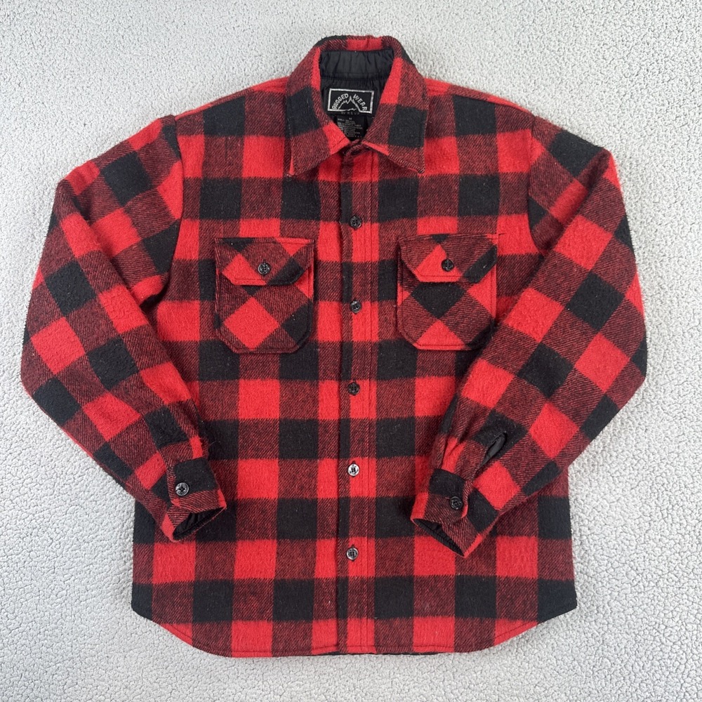 VTG Rugged Wear Wool Linen Flannel Shirt Jacket Men Medium Red Buffalo Check
